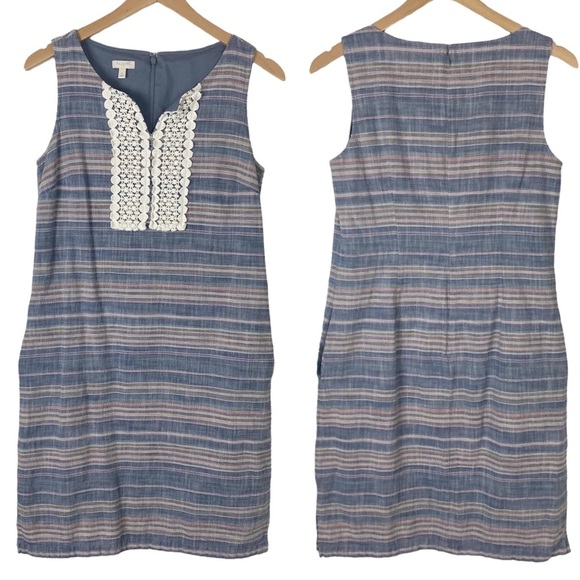 TALBOTS Sleeveless Cotton Stripe Split neck Sheath Dress 6 Blue Pockets - Picture 1 of 13